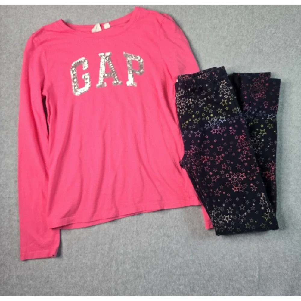 Gap Kids‎ 2PC Outfit Set XL 12 Pink Sequin Shirt Navy Rainbow Star Leggings